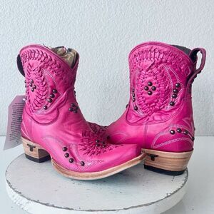 Lane COSSETTE Womens Cowboy Booties 6.5 Western Cowgirl Short Boots Pink Leather